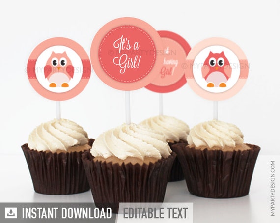 Owl Baby Shower Cupcake Toppers - Owl Party - Girl - INSTANT DOWNLOAD - Printable PDF with Editable Text Il_570xn