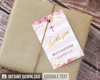 Baptism Favor Tags, Christening Thank You Tags, Floral Watercolor Labels, Girl - INSTANT DOWNLOAD - Printable PDF with Editable Text (BT01)