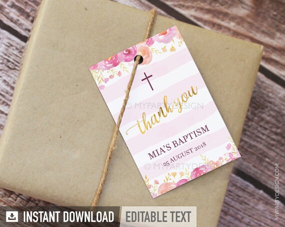 Baptism / Christening Thank You Tags - Party Favor Labels - Floral Watercolor - INSTANT DOWNLOAD - Printable PDF with Editable Text (BT01) Il_570xn