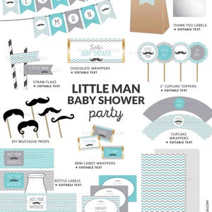 Puede incluir: Un conjunto de suministros para fiestas de baby shower con el tema "Little Man". Incluye una pancarta, adornos para cupcakes, accesorios de bigote, etiquetas para botellas y papeles coordinados. La combinaci&oacute;n de colores es turquesa, gris y blanco.