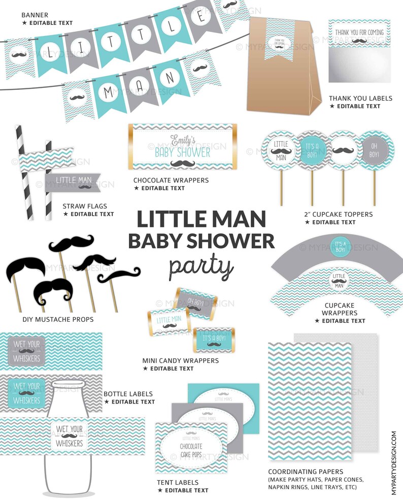 Puede incluir: Un conjunto de suministros para fiestas de baby shower con el tema "Little Man". Incluye una pancarta, adornos para cupcakes, accesorios de bigote, etiquetas para botellas y papeles coordinados. La combinaci&oacute;n de colores es turquesa, gris y blanco.