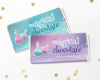 魔法のチョコレートの包み紙、魔法のポーションのパーティーの記念品、魔法の魔法使いの誕生日の飾り - 即時ダウンロード - 編集可能なテキスト付きの印刷可能な PDF
