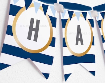 Gold Navy Party Banner, Boy Party Decorations, Happy Birthday Bunting, Adult Stripes Theme - INSTANT DOWNLOAD - Printable Editable PDF