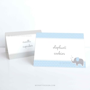 Elephant Food Labels, Place Cards, Boy Baby Shower in Blue - INSTANT DOWNLOAD - Printable PDF with Editable Text