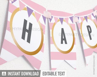 Gold Pink Birthday Banner, Girl Party Decorations, Happy Birthday Bunting, Stripes - INSTANT DOWNLOAD - Printable PDF with Editable Text