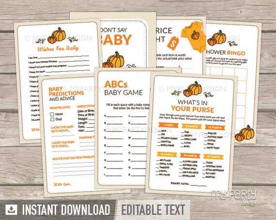 Little Pumpkin Baby Shower Games Pack, Fall BabyShower, Gender Neutral - INSTANT DOWNLOAD - Printable PDF with Editable Text Il_570xn
