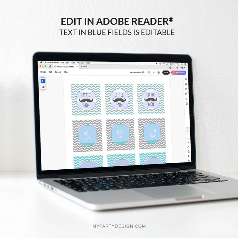 Puede incluir: Un ordenador port&aacute;til muestra un dise&ntilde;o digital con el texto "EDIT IN ADOBE READER&reg; TEXT IN BLUE FIELDS IS EDITABLE". El dise&ntilde;o presenta cuadrados con un bigote y el texto "LITTLE MAN" y "IT'S A BOY!" sobre un fondo de galones.