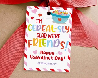 Cereal Valentines Gift Tags, Cereal-sly Glad We're Friends Valentine's Day Label for Class Gift - INSTANT DOWNLOAD - Printable Editable PDF