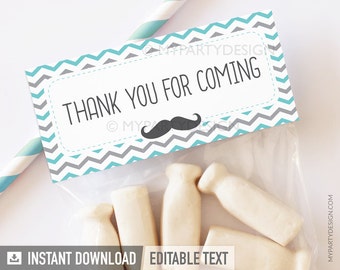 Mustache Treat Bag Labels, Little Man Baby Shower Thank You Tags - INSTANT DOWNLOAD - Printable PDF with Editable Text