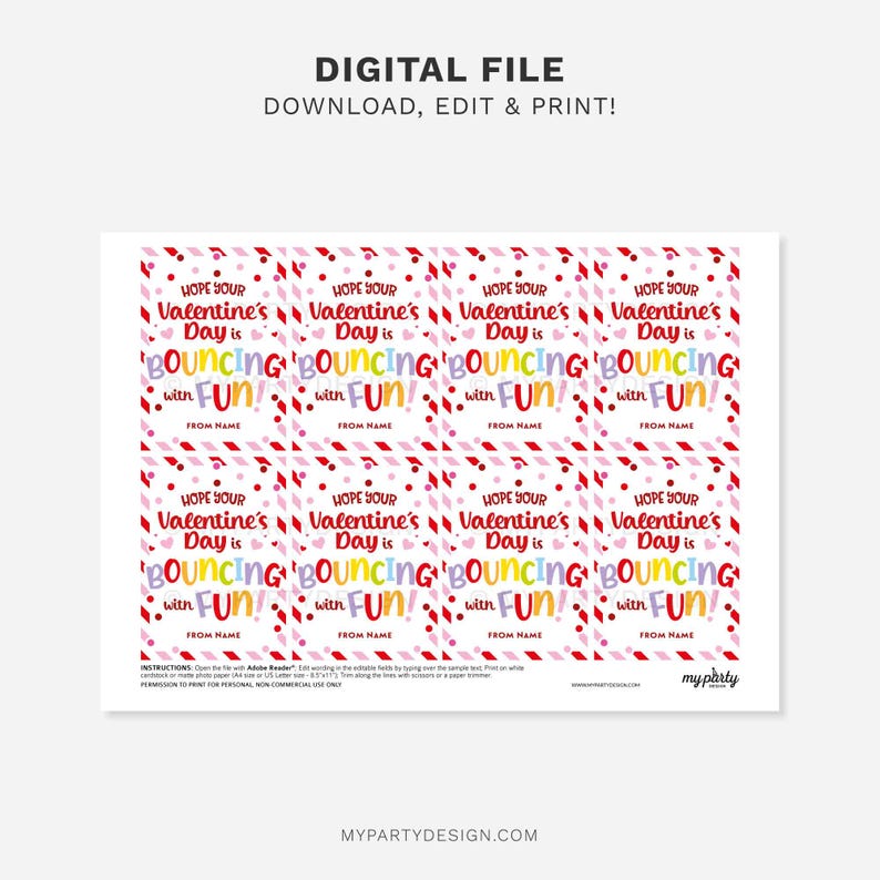 May include: A sheet of Valentine's Day gift tags with a repeating design. The tags have a pink and red color scheme with the text "Hope Your Valentine's Day is Bouncing with Fun!" and space for a name.