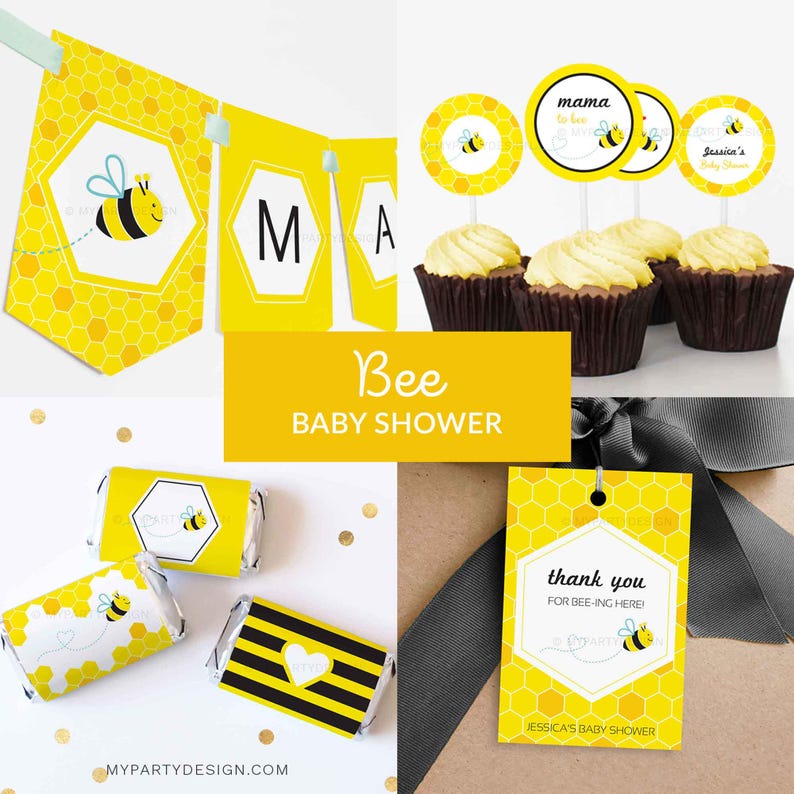 Puede incluir: Una colecci&oacute;n de decoraciones para baby shower con tem&aacute;tica de abejas en amarillo y negro. Incluye una pancarta, adornos para cupcakes, envoltorios de caramelos y una etiqueta de regalo. La pancarta deletrea "MA".