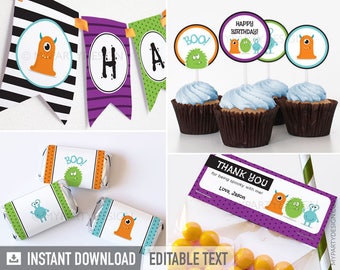 Monster Party Decorations, Halloween Birthday Party Pack, Little Monster Party Kit - INSTANT DOWNLOAD - Printable Editable PDF