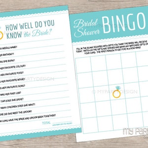 May include: Two printable bridal shower game cards. The first card is a "How Well Do You Know the Bride?" game with questions about the bride's middle name, birthday, favorite color, and more. The second card is a bridal shower bingo card with a ring icon in the center.