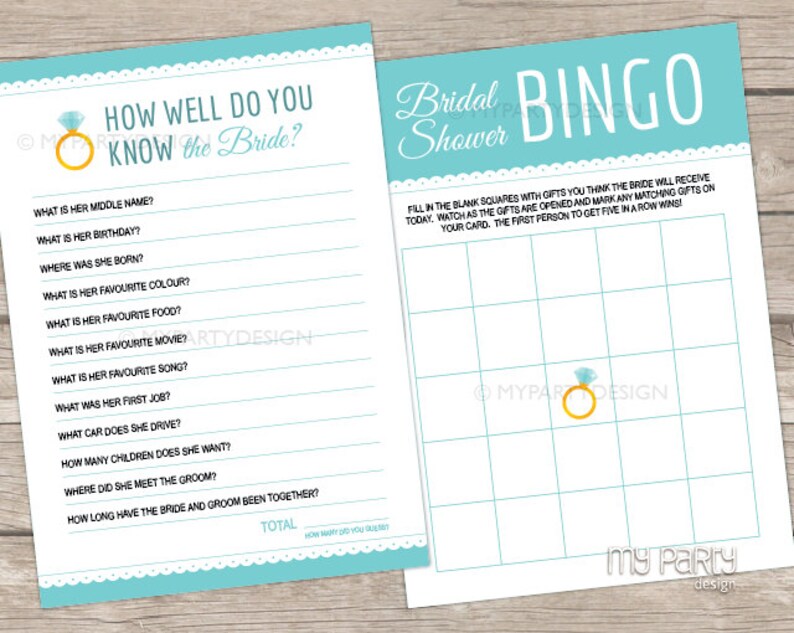 May include: Two printable bridal shower game cards. The first card is a "How Well Do You Know the Bride?" game with questions about the bride's middle name, birthday, favorite color, and more. The second card is a bridal shower bingo card with a ring icon in the center.