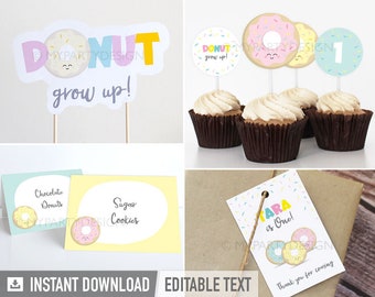 Donut Birthday Decorations, Donut Party Pack, Sprinkles Decor Kit , Donut Grow Up - INSTANT DOWNLOAD - Printable Editable PDF