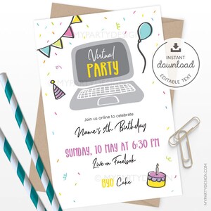 Virtual Birthday Invitation, Zoom Party Invite, Quarantine, Social Distancing Lockdown INSTANT DOWNLOAD Printable Editable PDF vpB image 1