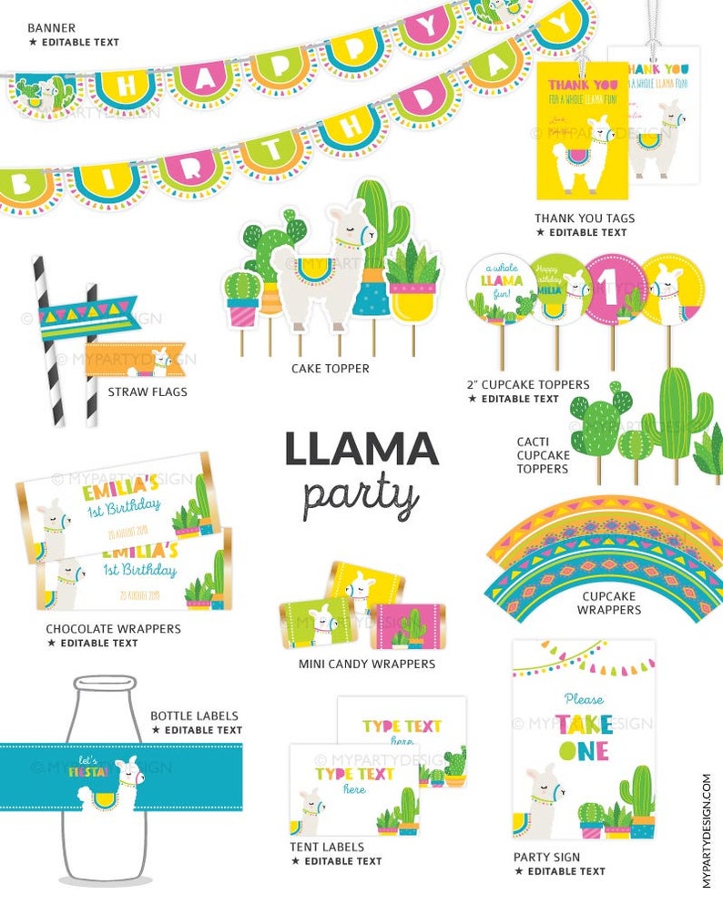 Pu&ograve; includere: Decorazioni stampabili per una festa a tema lama con uno striscione colorato, topper per cupcake, bandierine di paglia, involucri di cioccolato, involucri di caramelle piccole, etichette per bottiglie, etichette per tende e un cartello per la festa. Le decorazioni presentano un lama con cactus e un tema di festa.