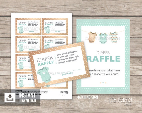Diaper Raffle Tickets and Sign - Mint and Gold Baby Shower, bodysuit theme - Neutral - Baby Shower Game - INSTANT DOWNLOAD - Printable PDF Il_570xn