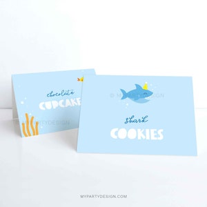 Shark Birthday Tent Labels, Under the Sea Party, Shark Food Tags, Place Cards - INSTANT DOWNLOAD - Printable PDF with Editable Text