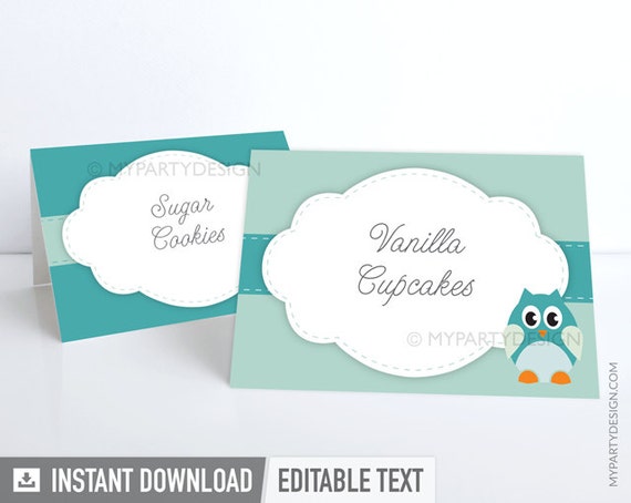 Owl Boy Baby Shower Food Labels Place Cards Mint Teal Instant Owl Boy Baby Shower Food Labels Place Cards Mint Teal Instant
