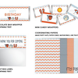 May include: Printable party supplies featuring a beach theme with orange, blue, and white chevron patterns. The set includes a chocolate bar wrapper, mini candy wrappers, a treat bag label, and coordinating papers. The text on the wrappers reads "Happy Birthday" and "Thank You for Coming".