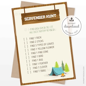 Camping Scavenger Hunt Game, Camping Birthday, Boy Campout Party, Glamping - INSTANT DOWNLOAD - Printable PDF with Editable Text