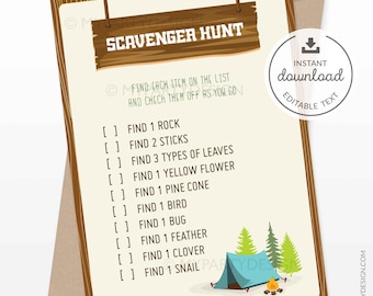 Camping Scavenger Hunt Game, Camping Birthday, Boy Campout Party, Glamping - INSTANT DOWNLOAD - Printable PDF with Editable Text
