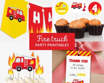 Feuerwehrmann-Geburtstagsdekoration, Feuerwehrmann-Party-Kit, Feuerwehrauto-Party-Pack, Jungen-Geburtstagsdeko - SOFORTIGER DOWNLOAD - Druckbare bearbeitbare PDF