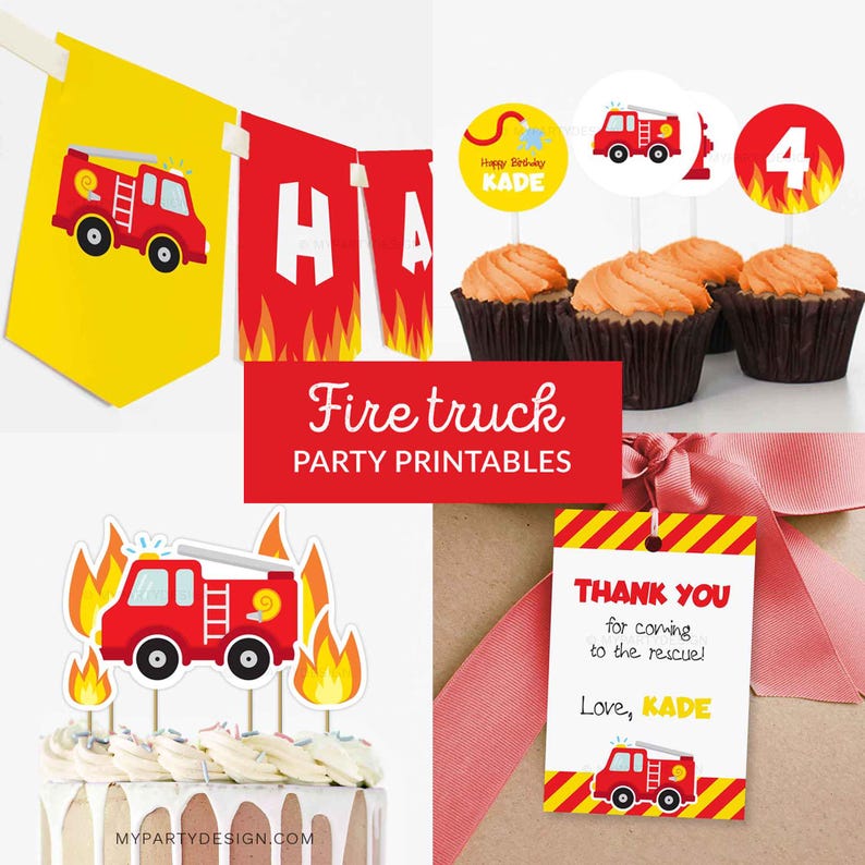 Puede incluir: Decoraciones de fiesta imprimibles para una fiesta de cumplea&ntilde;os con tem&aacute;tica de cami&oacute;n de bomberos. El conjunto incluye una pancarta, adornos para cupcakes, una etiqueta de agradecimiento y un adorno para pastel. Las decoraciones presentan un cami&oacute;n de bomberos rojo con llamas amarillas y el n&uacute;mero 4.