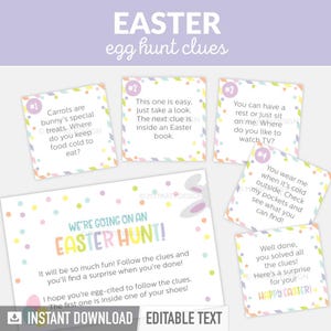 Pistas para la búsqueda de huevos de Pascua para niños, tarjetas de pistas editables para el juego de búsqueda de huevos en interiores - DESCARGA INSTANTÁNEA - PDF imprimible con texto editable