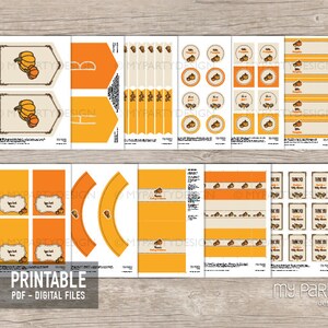 K&ouml;nnte beinhalten: Eine Sammlung druckbarer digitaler Dateien mit Herbstthema. Die Designs zeigen K&uuml;rbisse, orange und beige Farbschemata und dekorative Bord&uuml;ren. Text enth&auml;lt "My Party Design" und "Printable PDF - Digital Files".