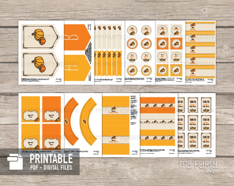 K&ouml;nnte beinhalten: Eine Sammlung druckbarer digitaler Dateien mit Herbstthema. Die Designs zeigen K&uuml;rbisse, orange und beige Farbschemata und dekorative Bord&uuml;ren. Text enth&auml;lt "My Party Design" und "Printable PDF - Digital Files".