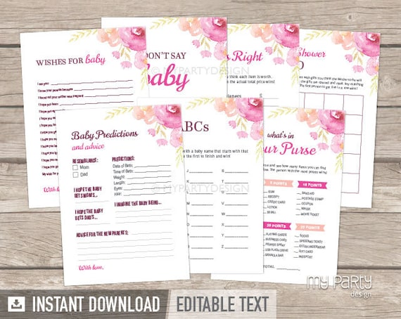 Floral Baby Shower Games Pack - Girl Baby Shower Bundle - Floral Watercolor BabyShower - INSTANT DOWNLOAD - Printable Editable PDF (BB04) Il_570xn