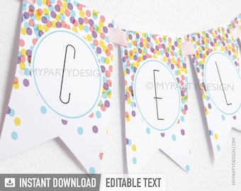 Estandarte de confeti, empavesado de fiesta de cumpleaños, decoraciones de fiesta de chispas imprimibles - DESCARGA INSTANTE - PDF imprimible con texto editable