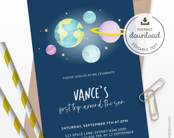 First Trip around the Sun First Birthday Invitation, Outer Space Galaxy Invite, Boy or Girl - INSTANT DOWNLOAD - Printable Editable PDF