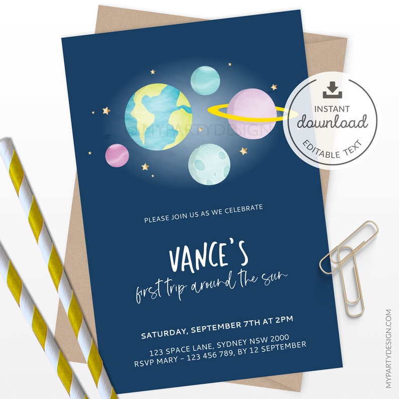 First Trip around the Sun First Birthday Invitation Outer Space Galaxy Invite Boy or Girl INSTANT DOWNLOAD Printable Editable