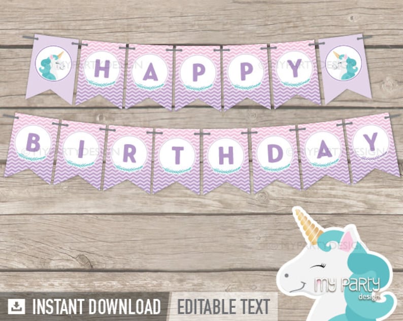 Unicorn Party Decorations Printable PDF with Editable Text Bunting Decor Unicorn Birthday Banner INSTANT DOWNLOAD Pastel Purple