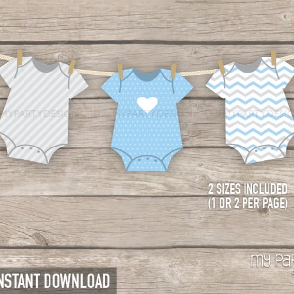 Blaue Baby Shower Girlande, Babyshower Party Girlande, Wimpelkette, Bodysuit Thema - INSTANT DOWNLOAD - Printable PDF