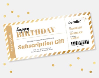Op de afbeelding: Een witte en gouden cadeaubon met een gestreepte achtergrond. De bon zegt "happy birthday" en "Abonnement cadeau". Het heeft een sectie voor details, waaronder "Aan", "Van" en "Duur".