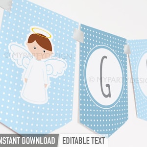May include: A light blue banner with white polka dots and the word "GOD" in grey letters. The banner features an angel illustration and the text "INSTANT DOWNLOAD EDITABLE TEXT".