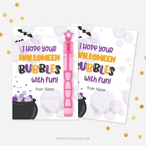 May include: Two Halloween-themed cards with a pink bubble wand. The cards have the text "I HOPE YOUR HALLOWEEN BUBBLES with fun!" and a cauldron graphic. The background features bats and bubbles.
