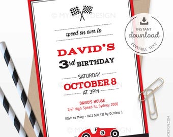 May include: Red and black racing-themed birthday invitation with checkered flags, a red race car with a number 3, and the text "Speed on over to David's 3rd Birthday, Saturday October 8 at 3PM, David's House 2/47 High Speed St, Sydney 2000, RSVP to Mary - 0412 568 421 by October 1".