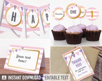 Pink Gold Birthday Party Decorations, Stripes Party Pack, Classic Party Kit - INSTANT DOWNLOAD - Printable PDF with Editable Text