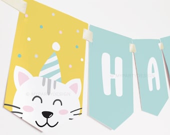 Kitty Cat Birthday Banner, Pet Adoption Party Bunting, Kitten Printable Decorations - INSTANT DOWNLOAD - Printable Editable PDF