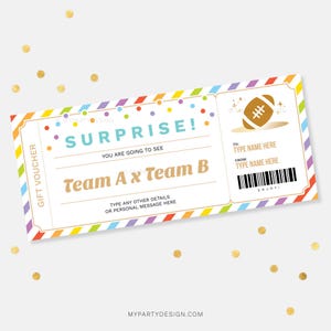 Modelo de vale-presente surpresa para futebol, vale-presente para partida de rúgbi, cupom de presente para experiência - DOWNLOAD INSTANTÂNEO - PDF editável para impressão