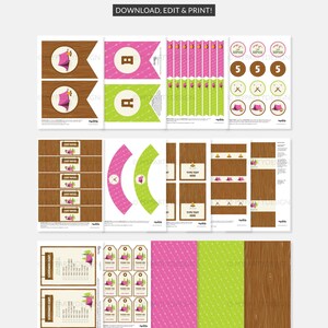 May include: Printable PDF files with a camping theme. Includes banners, cupcake wrappers, tags, and labels in pink, green, and brown. The text includes "DOWNLOAD, EDIT & PRINT!" and "TYPE TEXT HERE".