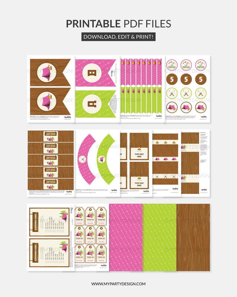 May include: Printable PDF files with a camping theme. Includes banners, cupcake wrappers, tags, and labels in pink, green, and brown. The text includes "DOWNLOAD, EDIT & PRINT!" and "TYPE TEXT HERE".