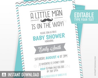 Little Man Baby Shower Invitation, Mustache Party Invite, Turquoise Grey BabyShower - INSTANT DOWNLOAD - Printable PDF with Editable Text