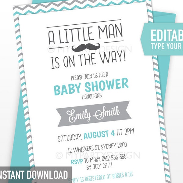 Faire-part de baby shower petit homme, invitation fête moustache, baby shower gris turquoise - TÉLÉCHARGEMENT IMMÉDIAT - PDF imprimable avec texte modifiable