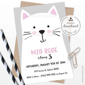 Cat Birthday Invitation, Kitty Party Invite, Kitten Birthday Party Invitation  - INSTANT DOWNLOAD - Printable PDF with Editable Text (catC)